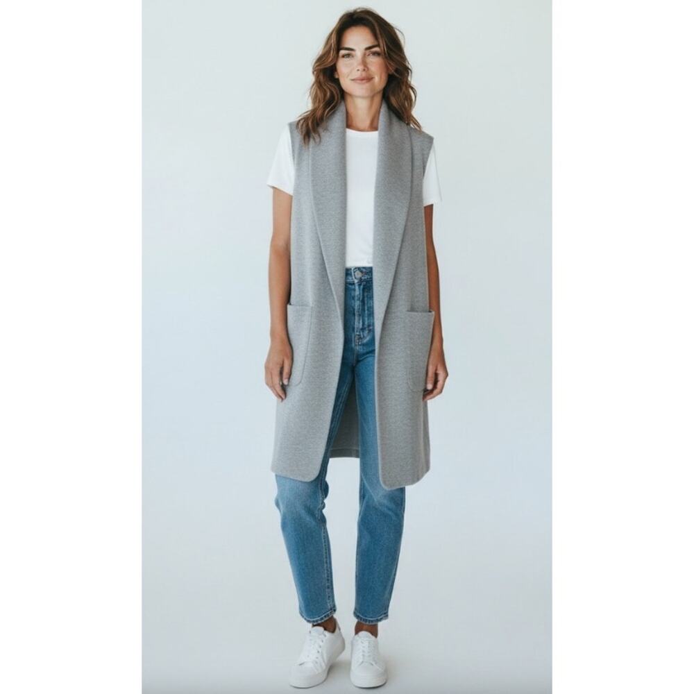 Joie Duster Long Shawl Collar Sweater Vest Minimalist Layer Pockets Gray Large